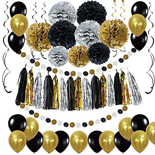 Schwarz Gold Party Deko Set - DIY Pompoms Blumen, Quaste Girlande, Luftballons, Polka Dot Papier Girlande, Spiral Girlanden, für Abschlussfeier und Ruhestandsfeierdekor von LyximGss