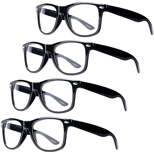 4 Paar Retro-Nerd-Kostüm-Brillen - schwarze Hipster-Brille mit klaren Gläsern - quadratischer Rahmen, klare Gläser für Kostümpartys und Halloween-Kostüme von RunNico