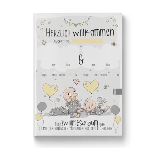 Das personalisierbare Zwillingsalbum in Grau, zum Eintragen der ersten Babyjahre, DIN A4 Hardcover, Das Cover kreativ selber personalisieren | von RUNDFUX® von Rundfux