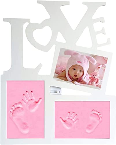 Runiash Baby Clay Handabdruck Fußabdruck Kit Liebe Bilderrahmen für Neugeborene, unvergessliche Wurf-Andenken, Dekorationen für Zuhause, einzigartige Babyparty Bilderrahmen Geschenke (Rosa) von Runiash