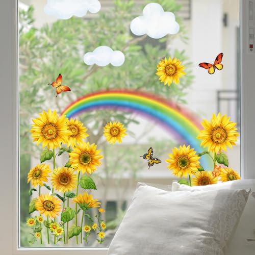 Runtoo Fensteraufkleber Sonnenblume Regenbogen Fenster Wandtattoo Abziehbilder Blumen Schmetterling Fensterfolie Glas Fensterdeko Aufkleber von Runtoo