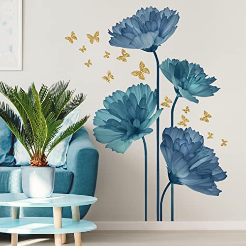 Runtoo Große blaue Blumen-Wandaufkleber, Schmetterling, Blumen-Wandaufkleber, Hintergrund für Wohnzimmer, Schlafzimmer, Badezimmer, Wanddekoration von Runtoo