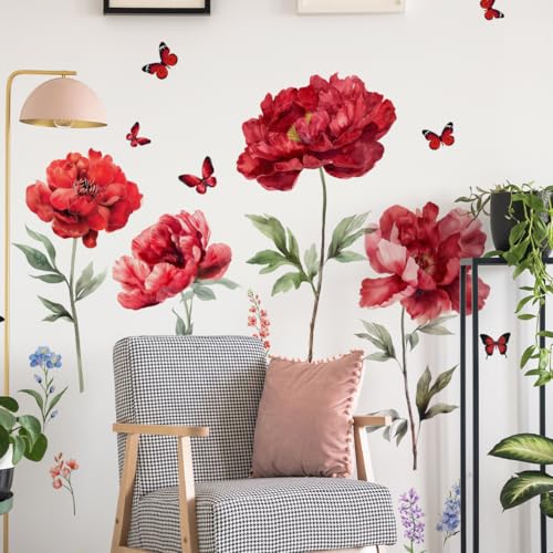 Runtoo Große rote Blumen Wandaufkleber Schmetterling Aquarell Floral Wandaufkleber für Schlafzimmer Wohnzimmer Kinderzimmer Büro Heimdekoration von Runtoo