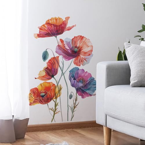 Runtoo Mohnblumen-Wandaufkleber, Boho-Aquarell-Blumen-Wandaufkleber für Badezimmer, Schlafzimmer, Wohnzimmer, Kinderzimmer, Büro, Heimdekoration von Runtoo