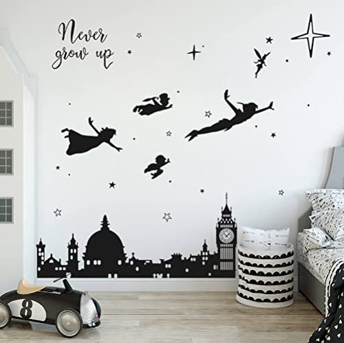 Runtoo Wandtattoo Peter Pan Wandsticker Big Ben Schwarz Silhouette Wandaufkleber Kinderzimmer Babyzimmer Mädchen Junge Wanddeko von Runtoo