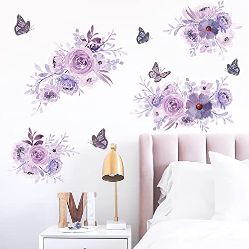 Runtoo Wandtattoo Blumen Lila Wandsticker Schmetterling Pfingstrosen Blüten Wandaufkleber Wohnzimmer Schlafzimmer Kinderzimmer Babyzimmer Wanddeko von Runtoo