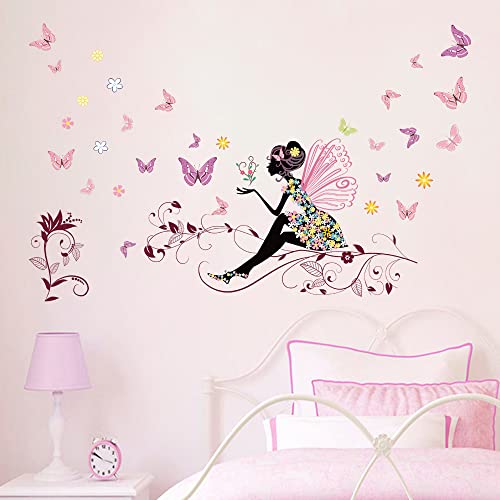 Runtoo Wandtattoo Mädchen Schmetterling Rosa Wandsticker Fee Blume Wandaufkleber Kinderzimmer Babyzimmer Wanddeko von Runtoo