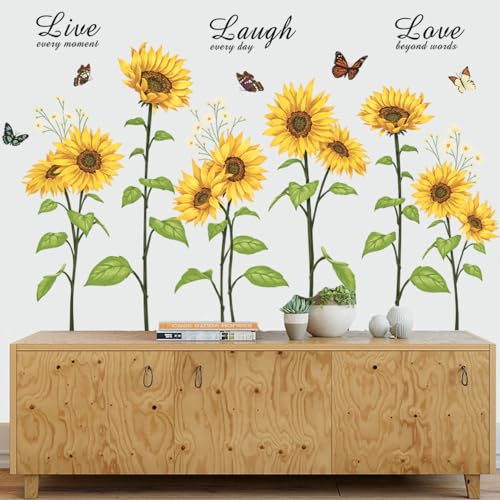 Runtoo Wandtattoo Sonnenblume Wandsticker Blumen Schmetterling Wandaufkleber Kinderzimmer Babyzimmer Wohnzimmer Schlafzimmer Wanddeko von Runtoo