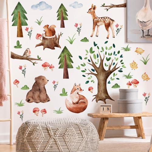 Runtoo Wandtattoo Baby Waldtiere Baum Wandsticker Dschungeltiere Bär Hirsch Fuchs Wandaufkleber Kinderzimmer Babyzimmer Mädchen Junge Wanddeko von Runtoo