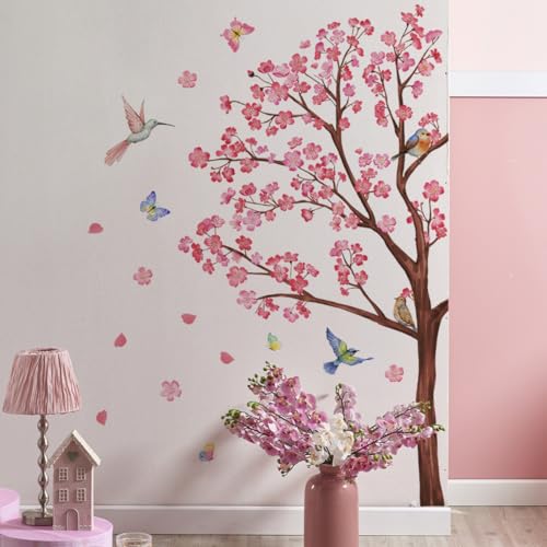 Runtoo Wandtattoo Baum Groß Kirschbaum Wandaufkleber Kirschblüte Blumen Rosa Wandsticker Schlafzimmer Wohnzimmer Kinderzimmer Wanddeko von Runtoo