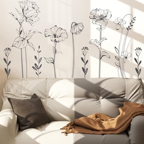 Runtoo Wandtattoo Blumen Boho Schwarz Wandsticker Einfach Blüten Pflanzen Wandaufkleber Schlafzimmer Wohnzimmer Babyzimmer Kinderzimmer Wanddeko von Runtoo