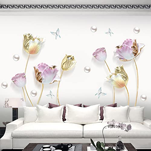 Runtoo Wandtattoo Blumen Groß XXL Wandsticker Lotusblume Gold Wandaufkleber Wohnzimmer Schlafzimmer Kinderzimmer Babyzimmer Flur Wanddeko von Runtoo