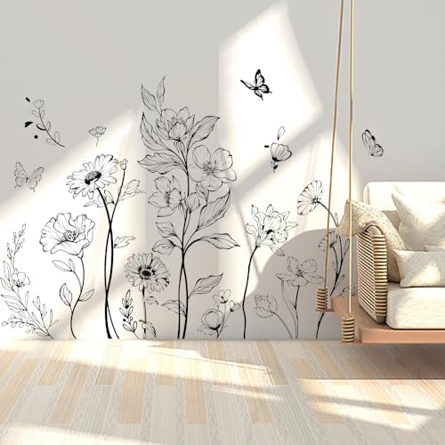 Runtoo Wandtattoo Boho Blumen Wandaufkleber Schwarz Retro Blumen Pflanzen Wandsticker Wohnzimmer Schlafzimmer Kinderzimmer Babyzimmer Wanddeko von Runtoo