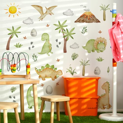 Runtoo Wandtattoo Dinosaurier Baby Wandsticker Dino Aquarell Vulkan Palmen Blätter Wandaufkleber Kinderzimmer Babyzimmer Mädchen Junge Schlafzimmer Wanddeko von Runtoo