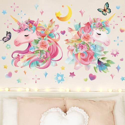 Runtoo Wandtattoo Einhorn Bunt Wandsticker Stern Blume Schmetterling Wandaufkleber Kinderzimmer Babyzimmer Schlafzimmer Wohnzimmer Wanddeko von Runtoo