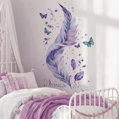 Runtoo Wandtattoo Feder XXL Wandsticker Schmetterling Lila Violett Wandaufkleber Kinderzimmer Babyzimmer Wohnzimmer Schlafzimmer Fenster Wanddeko von Runtoo