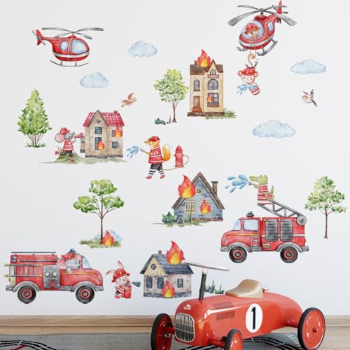 Runtoo Wandtattoo Feuerwehrauto Wandaufkleber Autos Hubschrauber Feuerwehrmann Tiere Wandsticker Kinderzimmer Babyzimmer Spielzimmer Wanddeko von Runtoo