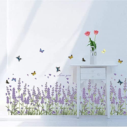 Runtoo Wandtattoo Lila Blumen Schmetterling Wandsticker Lavendel Blumenwiese Gras Wandaufkleber Kinderzimmer Babyzimmer Wohnzimmer Schlafzimmer Wanddeko von Runtoo