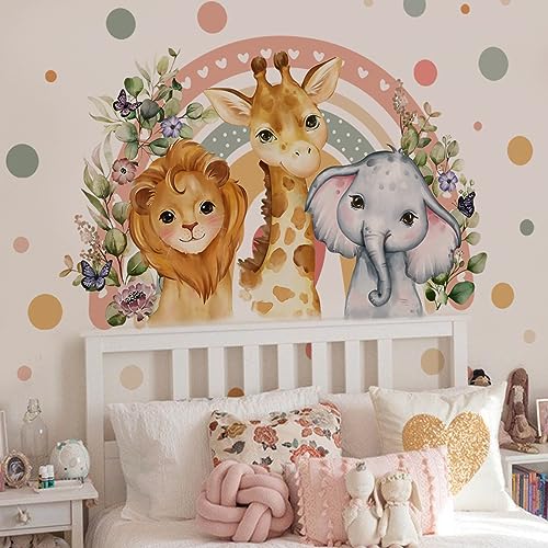 Runtoo Wandtattoo Regenbogen Boho Wandsticker Waldtiere Safari Baby Löwe Giraffe Elefant Wandaufkleber Kinderzimmer Babyzimmer Mädchen Junge Wanddeko von Runtoo