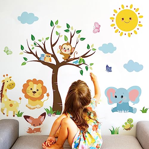 Runtoo Wandtattoo Waldtiere Baby Baum Wandsticker Dschungeltiere Elefant Giraffe Affe Wandaufkleber Kinderzimmer Babyzimmer Mädchen Junge Wanddeko von Runtoo