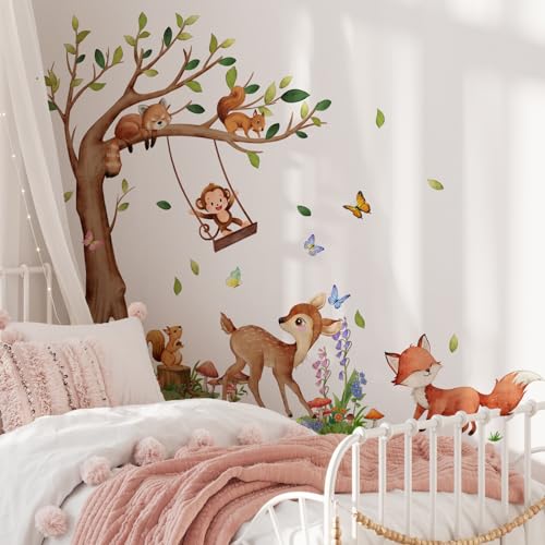 Runtoo Wandtattoo Waldtiere Baby Baum Wandsticker Dschungeltiere Hirsch Affe Fuchs Wandaufkleber Kinderzimmer Babyzimmer Mädchen Junge Wanddeko von Runtoo