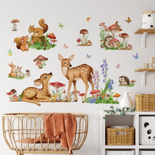 Runtoo Wandtattoo Waldtiere Dschungeltiere Wandsticker Hirsch Igel Eichhörnchen Blumen Wandaufkleber Kinderzimmer Babyzimmer Mädchen Junge Wanddeko von Runtoo