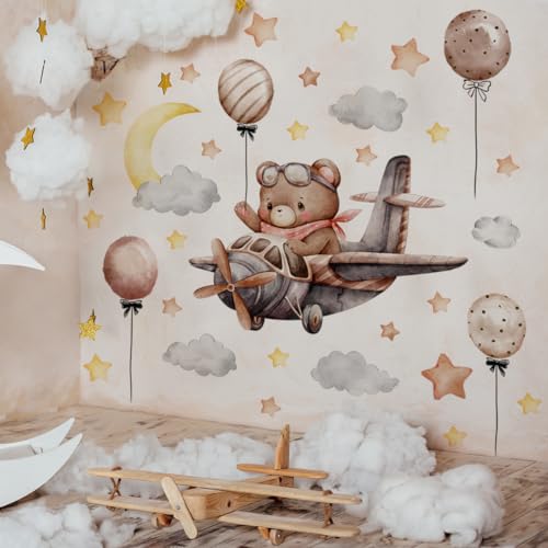 Runtoo Wandtattoo Bär fliegt ein Flugzeug Wandsticker Mond und Sterne Ballon Wandaufkleber Kinderzimmer Babyzimmer Mädchen Junge Wanddeko von Runtoo