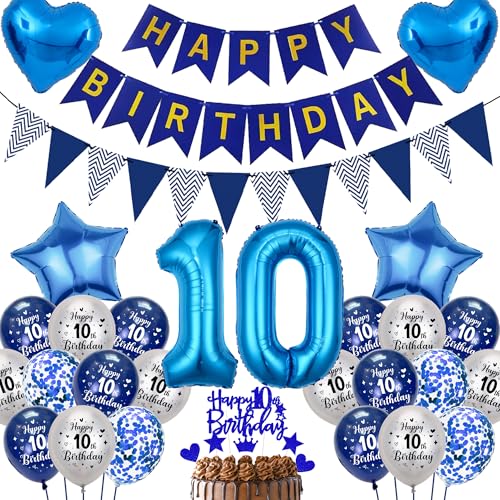 10. Geburtstag Junge Blau Silber Luftballons - Happy Birthday Banner Wimpel Girlande XXL Zahlenballons Konfetti Luftballons Tortendeko, Marinebla Herzen Sterne Folienballon für Mädchen Geburtstagsdeko von Runyuzi