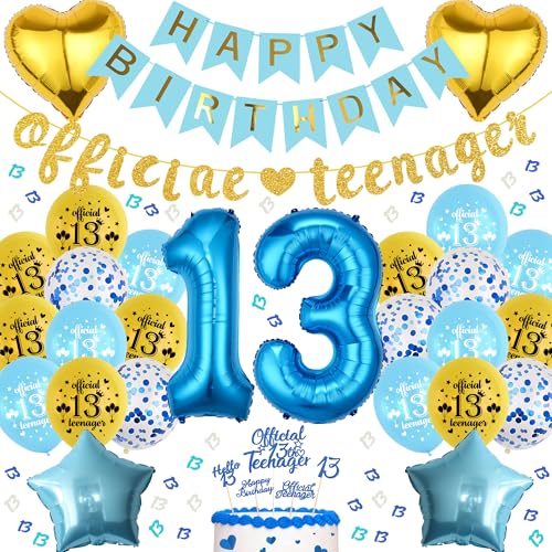 Deko 13. Geburtstag Mädchen Junge - 66 Stück Blau Gold Offizielle Teenager Party Geburtstagsdeko, Happy Birthday Banner Zahlen Luftballon Glitzer Tortendeko Konfetti für 13 Jahr Kinder von Runyuzi