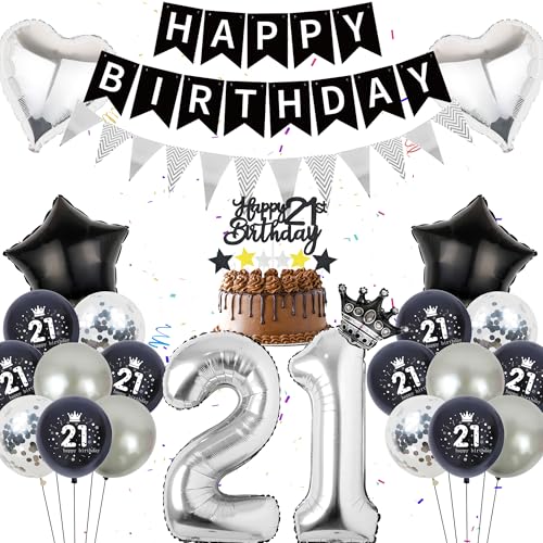 21. Geburtstag Deko Mann Frau - 55 Stück Schwarz Silber 21er Geburtstag Deko, Happy Birthday Banners, Zahlenballons 21, Liebesstern Krone Folienballons Kuchendeko für die 21. Geburtstagsfeier von Runyuzi