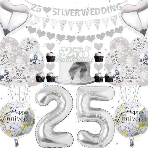 25 Jahre Silberhochzeit Deko Ballons - 66 Stück Silberhochzeit Deko, 25 Silberhochzeit Zahl, Silver Wedding Girlande, Wimpel Kuchendeckel, für Paare 25 Jahre Jubiläum silberne Hochzeit drinnen draußen von Runyuzi