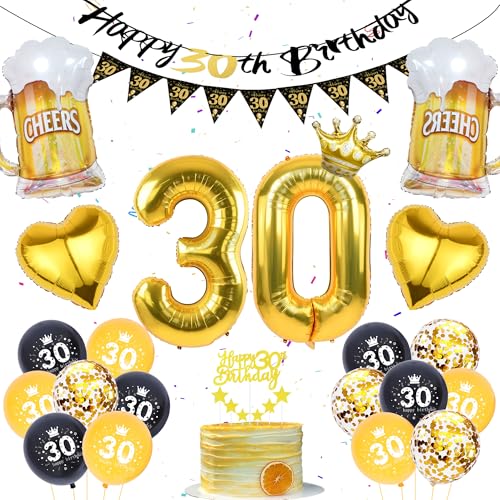 30 Geburtstag Deko für Männer Frauen - Schwarz Gold 30er Geburtstag Deko, Happy 30th Birthday Banner, Wimpelkette, Folienballon Zahl 30, Bier Luftballons, Gold Cake Topper für die 30. Geburtstag Party von Runyuzi