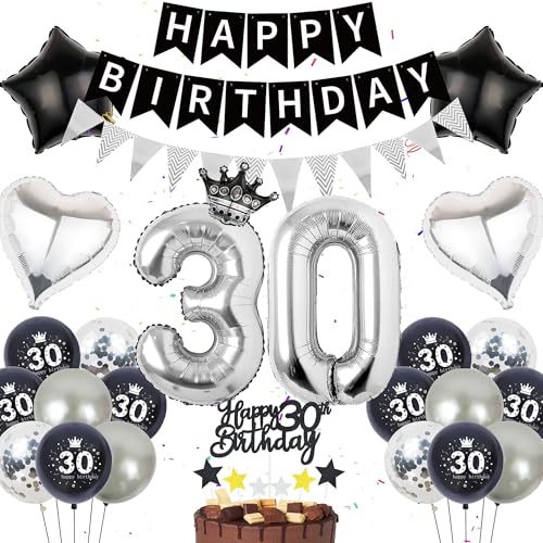 30. Geburtstag Deko Mann Frau - 55 Stück Schwarz Silber 30er Geburtstag Deko, Happy Birthday Banners, Zahlenballons 30, Liebesstern Krone Folienballons Kuchendeko für die 30. Geburtstagsfeier von Runyuzi