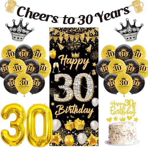 30. Geburtstag Mann Deko Luftballons - 48 Stück Schwarz Gold Geburtstagsdeko Happy Birthday Banner Hintergrund, Cheers to 30 Years Girlande Zahlen Ballons Kuchendeko für Frau Geburtstagsparty von Runyuzi