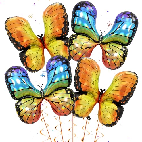 4 Stück Schmetterlings Folienballons - Schmetterlinge Deko Geburtstag Mädchen, Schmetterlings Mylarballons, Gelber Bunte Schmetterlings Folienballon für Schmetterling Thema Party Hochzeit Garten Party von Runyuzi