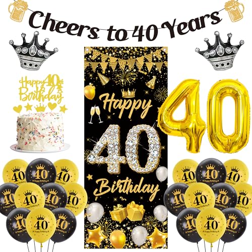 40. Geburtstag Männer Frauen Deko - 48 Stück Schwarz Gold Geburtstagsdeko Zahlen Luftballons Happy 40th Birthday Banner Hintergrund, Cheers to 40 years Girlande Kuchendeko für Geburtstagsparty von Runyuzi