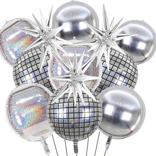 4D Discokugel Luftballons in Silber - 12 Stück Disco Party Deko 22 Zoll silberne 4D Ballon holographische Disco Ballon Sternenexplosionsballons für 70er 80er 90er Disco Fever Party Jungen und Mädchen von Runyuzi