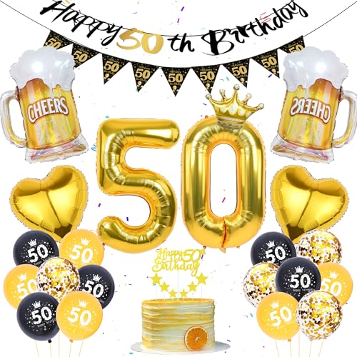 50 Geburtstag Deko für Männer Frauen - Schwarz Gold 50er Geburtstag Deko, Happy 50th Birthday Banner, Wimpelkette, Folienballon Zahl 50, Bier Luftballons, Gold Cake Topper für die 50. Geburtstag Party von Runyuzi