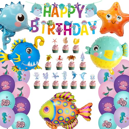 50 Stück Unterwasserwelt Kindergeburtstag Deko - Ozean Tiere Geburtstagslied, Happy Birthday Banner, Meerestiere Deko, Meerestier Ballons, Unterwasserwelt Party Geburtstag Party für Jungen Mädchen von Runyuzi