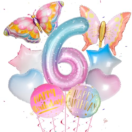 6 Jahre Schmetterling Geburtstag Deko - 9 Stück Luftballons Geburtstag 6 Jahre Farbverlauf Zahlen 6 Ballon Bunte Schmetterling Ballon Rund Stern Herz Folie Ballon für Geburtstagsdeko 6 Jahre Mädchen von Runyuzi