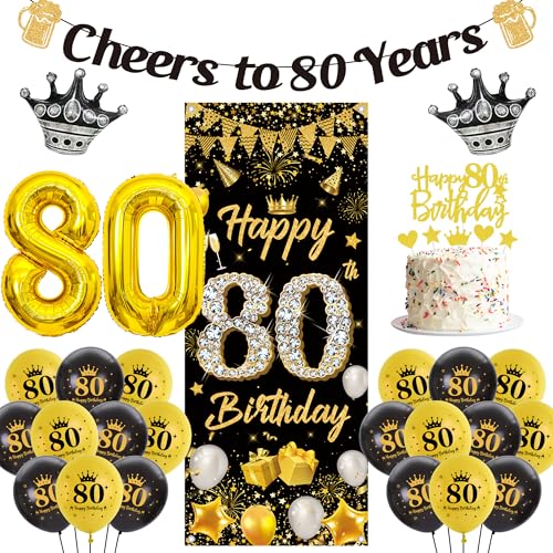 80. Geburtstag Mann Deko Luftballons - 48 Stück Schwarz Gold Geburtstagsdeko Happy Birthday Banner Hintergrund, Cheers to 80 Years Girlande Zahlen Ballons Kuchendeko für Geburtstagsparty von Runyuzi