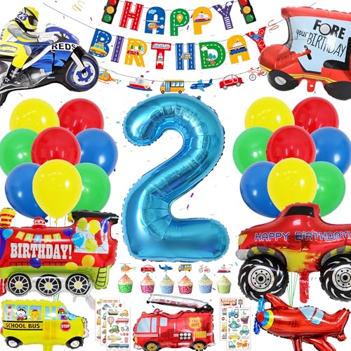 Auto 2.Geburtstag Deko Junge - 62 Stück Zug Kindergeburtstag Deko, Transport Ballon, Geburtstagsbanner, Züge, Feuerwehrauto, Flugzeug, Schulbus Transport Deko für 2. Geburtstagdeko Kinder Birthday von Runyuzi