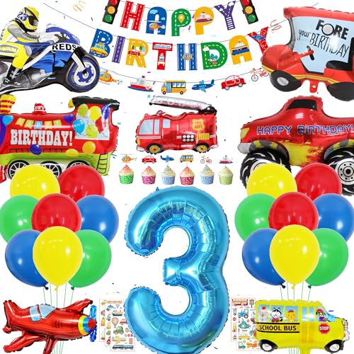 Auto Deko 3. Geburtstag Junge - 62 Stücke Cars Geburtstagsdeko 3 Jahr Folienballon Happy Birthday Banner Zug Truck Schulbus Feuerwehrauto Flugzeug Schulbus Ballon Tortendeko Aufkleber für Kinder Party von Runyuzi