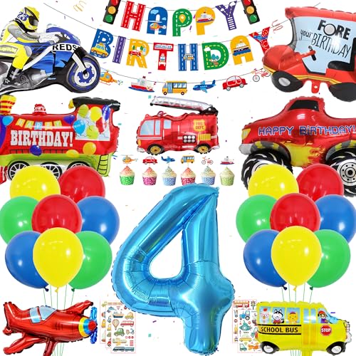 Auto Deko 4. Geburtstag Junge - 62 Stücke Cars Geburtstagsdeko 4 Jahr Folienballon Happy Birthday Banner Zug Truck Schulbus Feuerwehrauto Flugzeug Schulbus Ballon Tortendeko Aufkleber für Kinder Party von Runyuzi