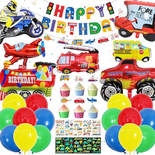 Verkehr Geburtstag Deko Kinder Jungen - 61 Stücke Auto Geburtstagsdeko Cars Luftballons Happy Birthday Banner Zug Schulbus Feuerwehrauto Flugzeug Schulbus Tortendeko Aufkleber für Transport Party Deko von Runyuzi