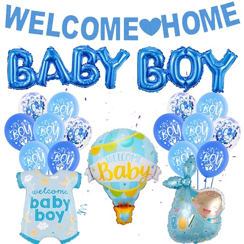 Welcome Home Baby boy Dekorations - 32 Stück Babyparty Deko Welcome home Banner Blau Heißluftballon It's a boy Ballons Baby Handtuch Folienballon für Junge Baby Shower Gender Reveal Party von Runyuzi