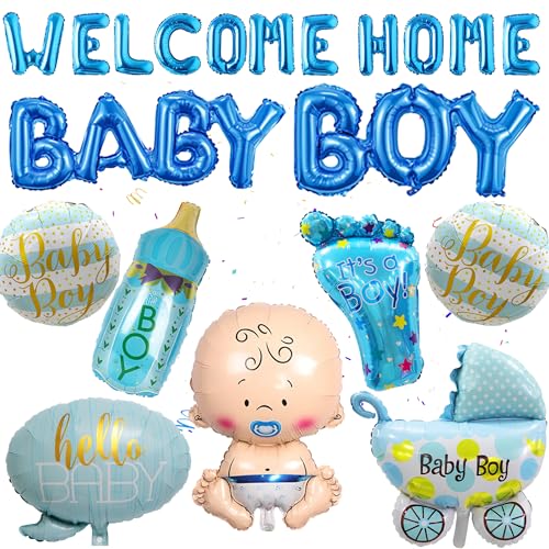 Babyparty Deko Ballons Junge Blau - 19 Stück Willkommen Baby Dekoration Welcome home Baby Boy Folienballon Neugeborene Fußförmige Kinderwagen HelloBaby Ballon für Baby Shower Gender Reveal Dekorations von Runyuzi