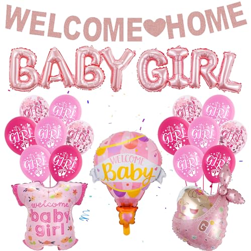 Welcome Home Baby Girl Dekorations - 32 Stück Babyparty Deko Welcome home Banner Rosa Babyflasche Folienballon Heißluftballon It's a Girl Runden Ballons für Mädchen Baby Shower Gender Reveal Party von Runyuzi