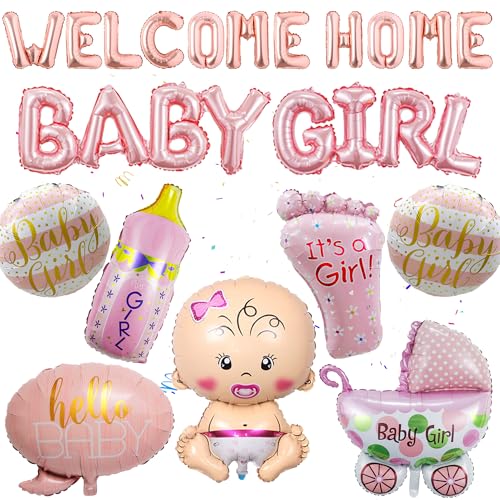 Babyparty Deko Ballons Mädchen Rosa - 19 Stück Willkommen Baby Dekorations Welcome home Baby Girl Folienballon Neugeborene Fußförmige Kinderwagen Hello Baby Ballon für Baby Shower Gender Reveal Party von Runyuzi