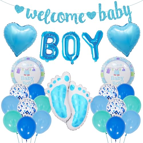 Baby Shower Dekoratione Junge Blau - 37 Stück Babyparty Deko, Welcome Baby Glitzerbanner, Fußfolienballons, Herzen Und Runde Folienballons für Junge Baby Shower Gender Reveal Party Dekoration von Runyuzi